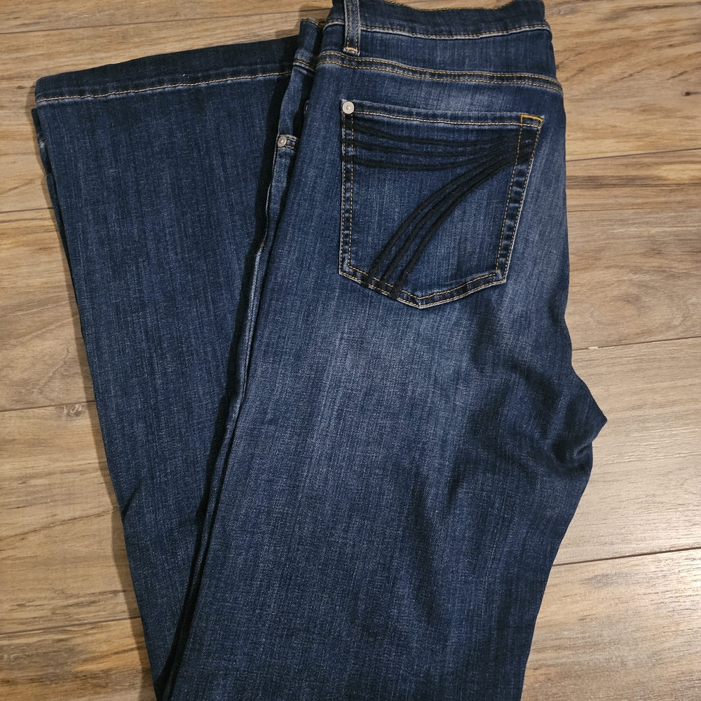 7 For All Mankind Women's Boot Cut Jeans in Dark Blue with Yellow Stitching 34L